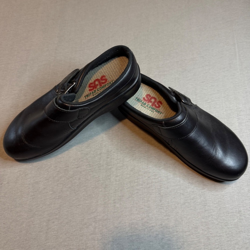 SAS Clog Black Leather Buckle Strap Tripad Comfort‎ Shoes Womens 7 M USA Made